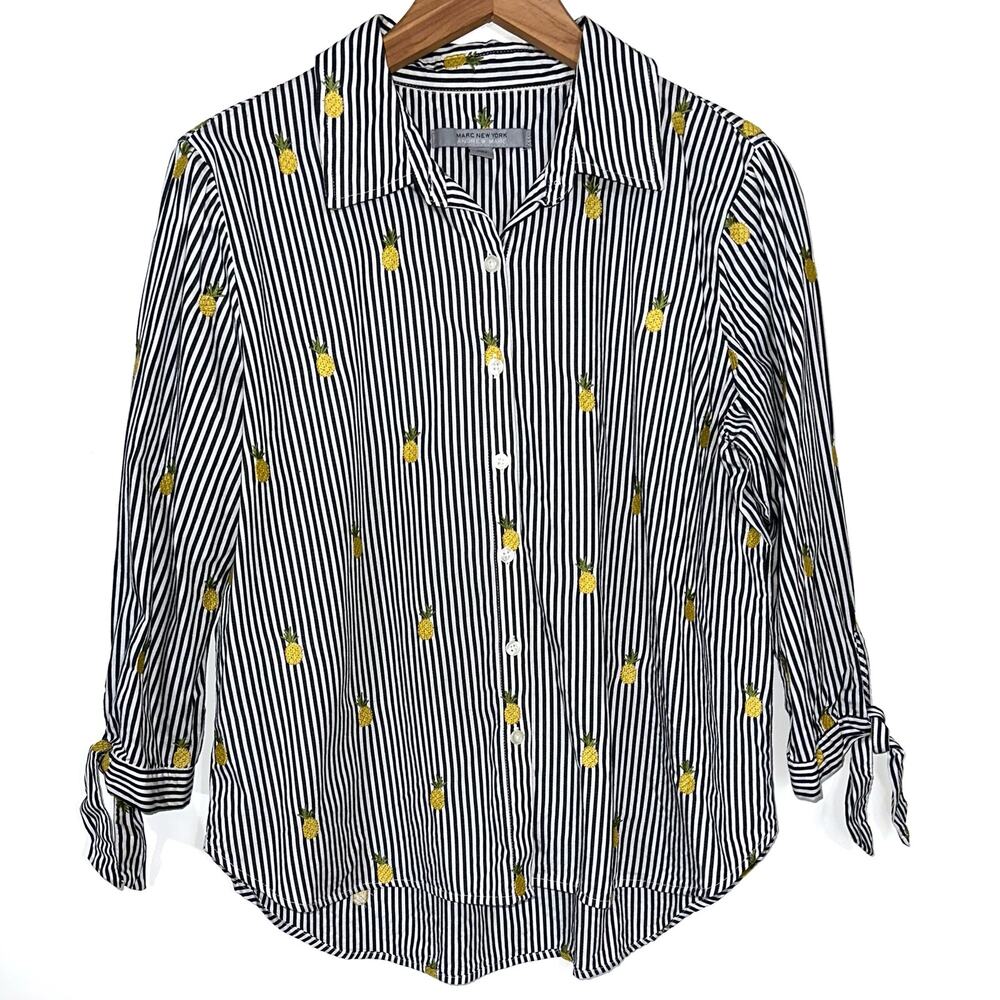 Andrew Marc Marc New York Striped Embroidered Pineapple Button Up Shirt Size M